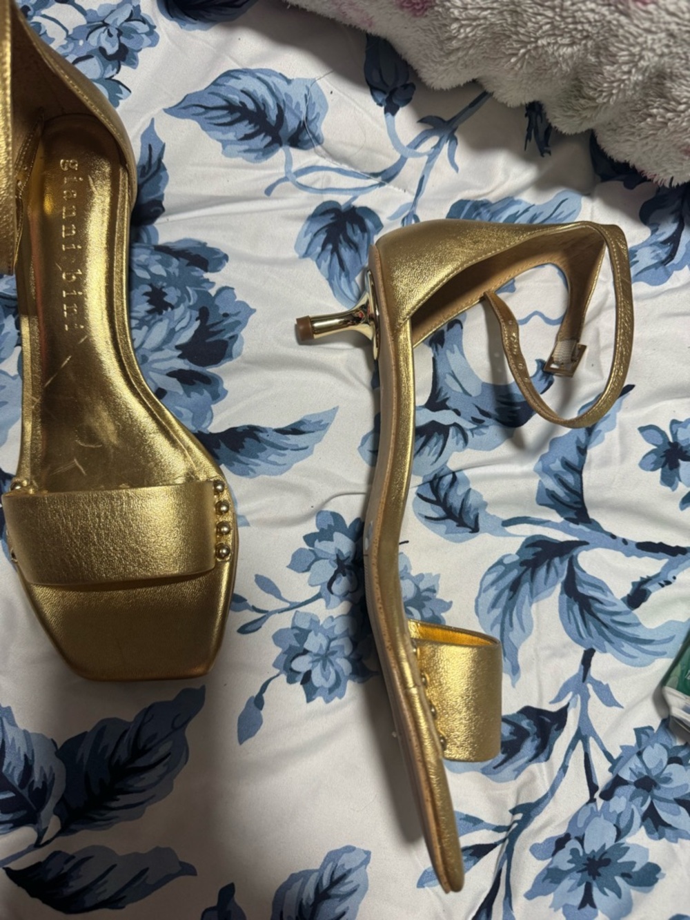 Gianni Bini Metallic Gold Ankle-Strap Square-Toe Heels